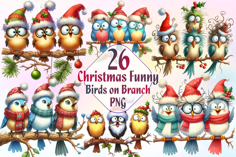 Christmas Funny Birds On Branch Clipart Bundle 2 - CraftNest - Digital Crafting and Art