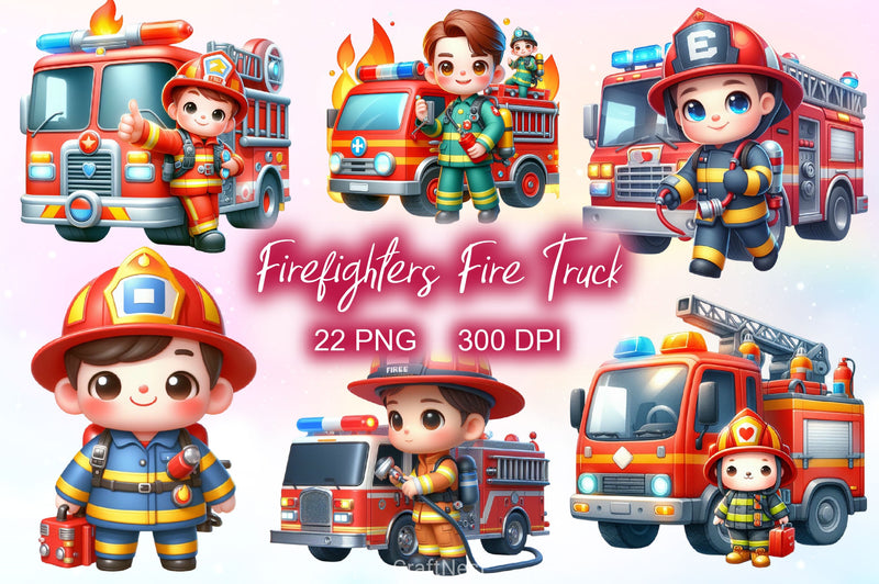 Cute Firefighters Fire Truck Clipart Bundle - CraftNest - Digital Crafting and Art