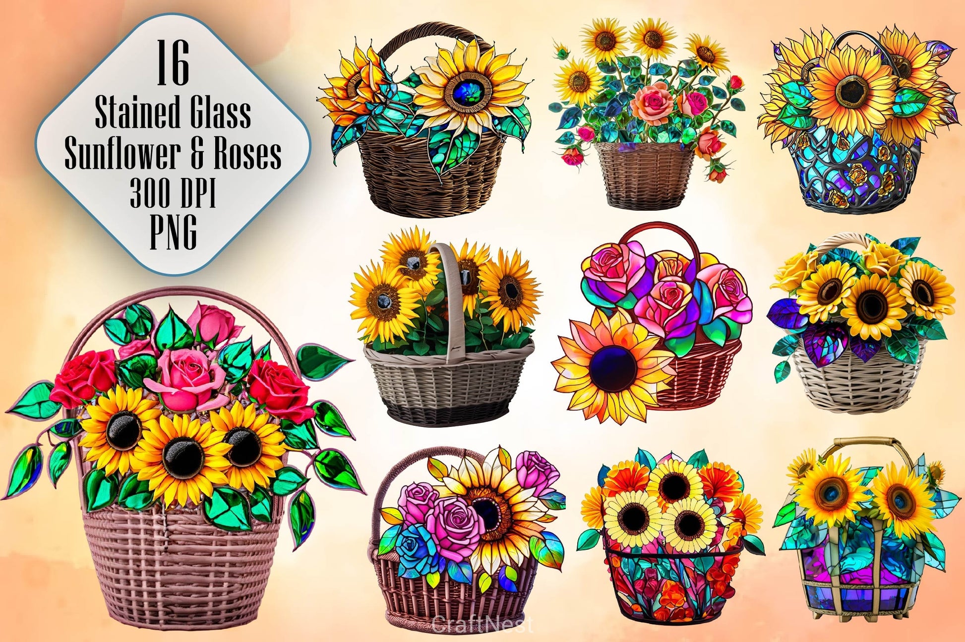 Sunflower & Roses Stained Glass Clipart Bundle - CraftNest - Digital Crafting and Art