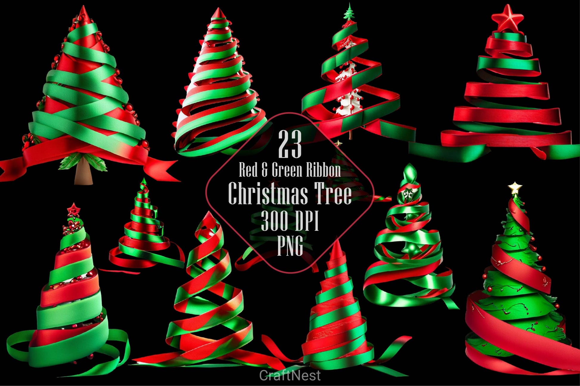 Red Green Ribbon Christmas Tree Clipart Bundle - CraftNest - Digital Crafting and Art