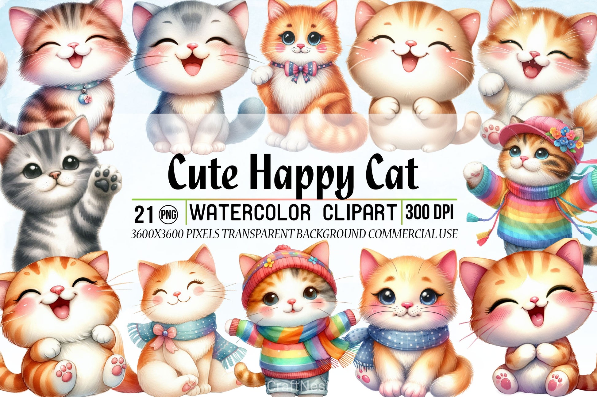 Cute Happy Cat Clipart Bundle - CraftNest - Digital Crafting and Art