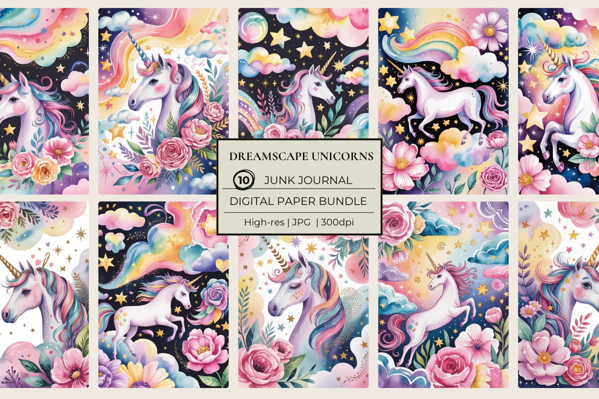 Dreamscape Unicorns Junk Journal Papers - CraftNest - Digital Crafting and Art