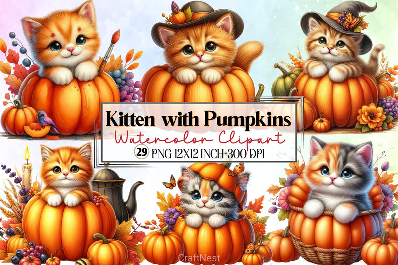 Cute Kitten Pumpkins Clipart Bundle - CraftNest - Digital Crafting and Art