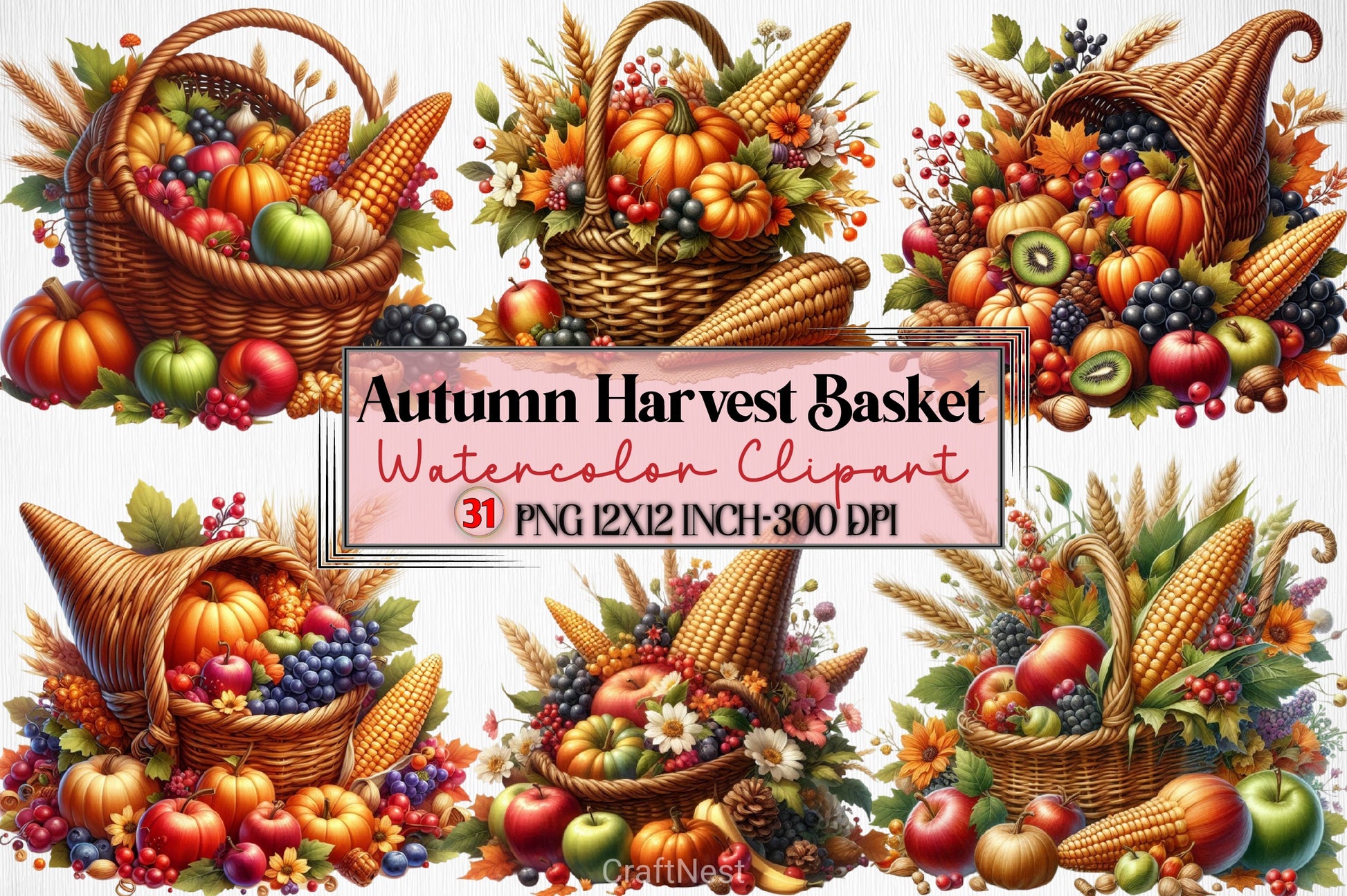 Autumn Harvest Basket Clipart Bundle - CraftNest - Digital Crafting and Art
