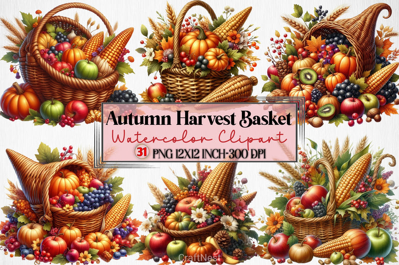Autumn Harvest Basket Clipart Bundle - CraftNest - Digital Crafting and Art