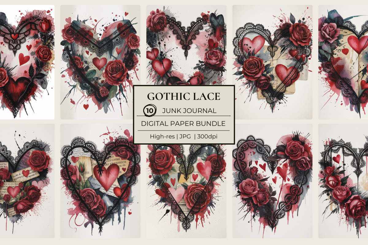 Gothic Lace Valentines Junk Journal Papers