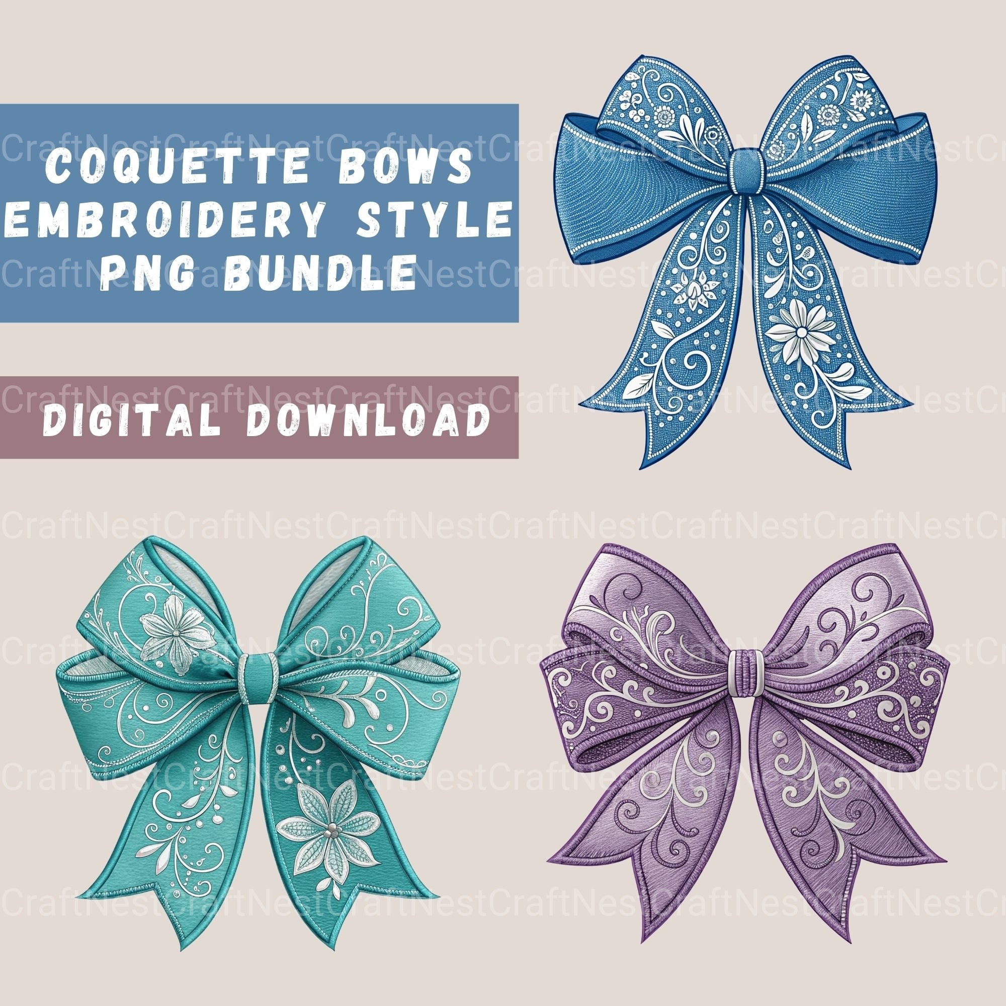 Embroidery Style Bows Clipart Bundle - CraftNest - Digital Crafting and Art