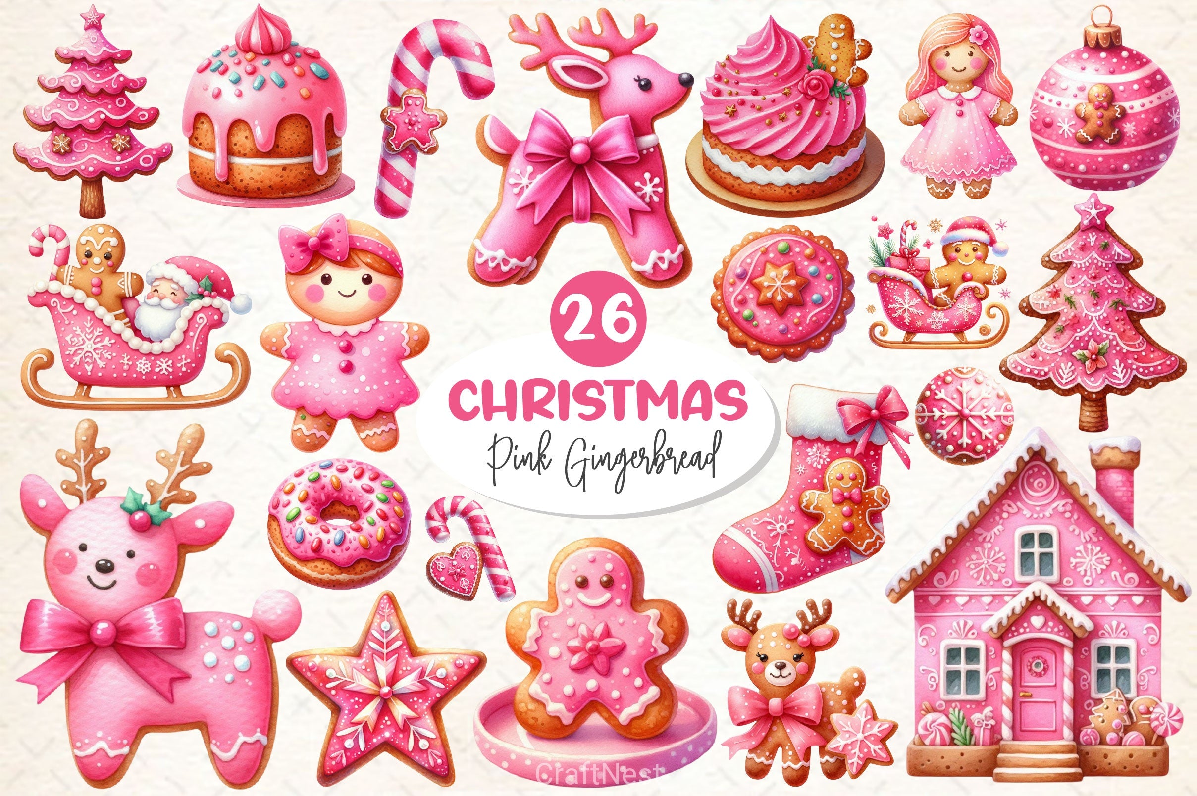 Pink Gingerbread Clipart Bundle - CraftNest - Digital Crafting and Art