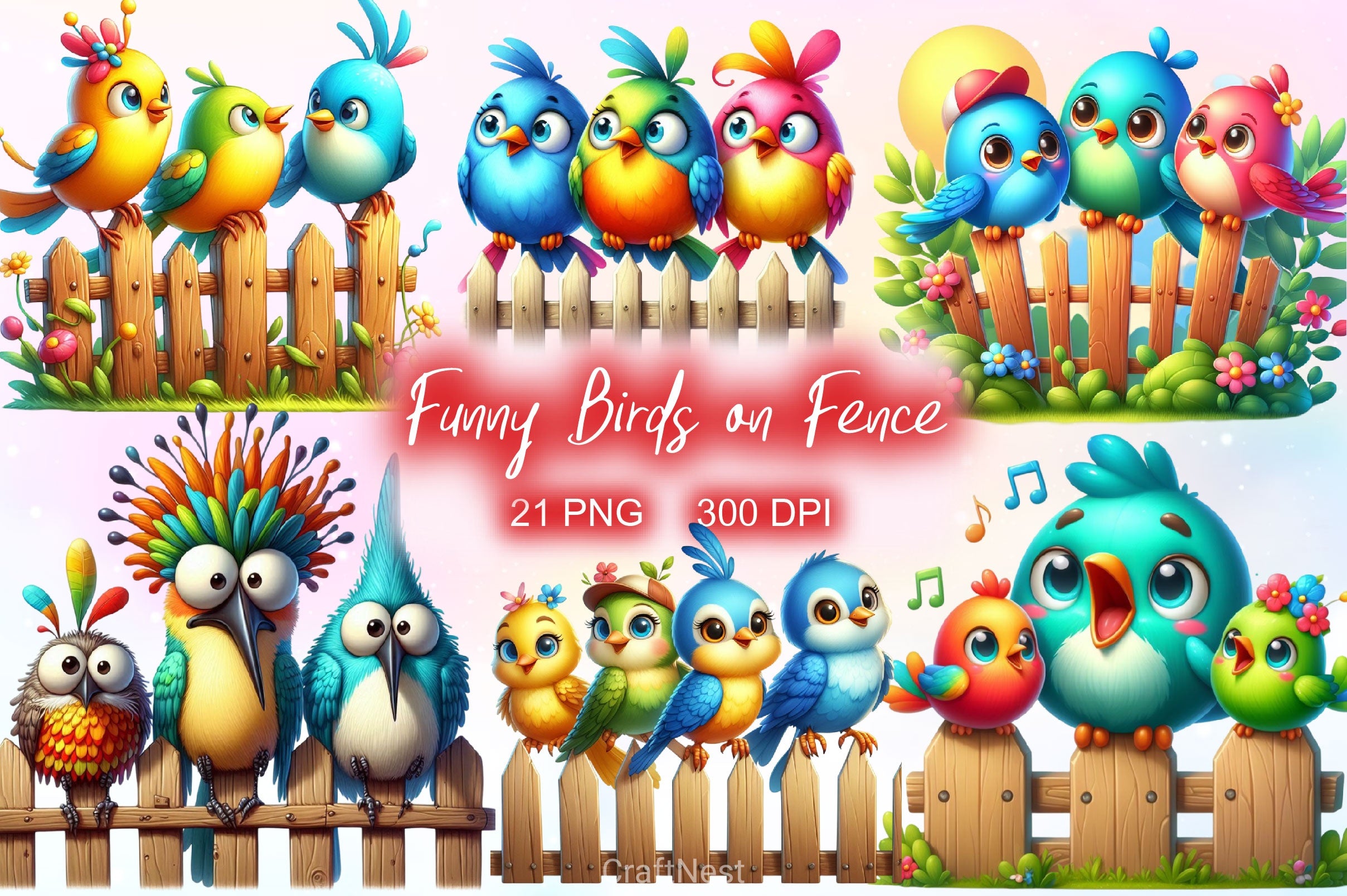 Funny Birds On Fence Clipart Bundle 2 - CraftNest - Digital Crafting and Art