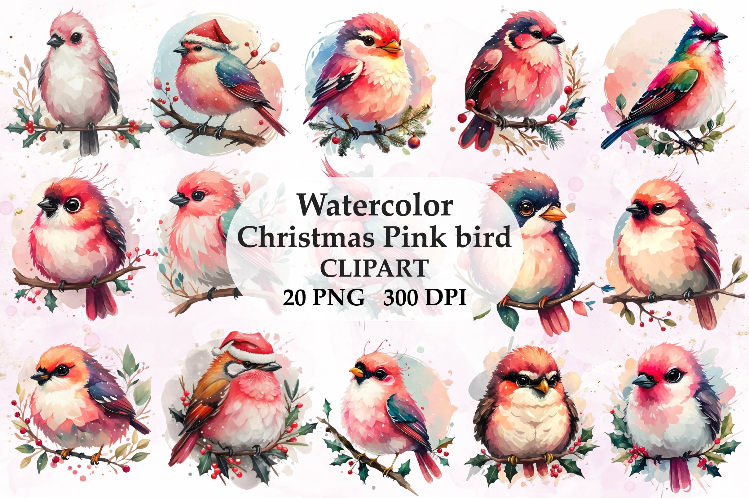 Pink Bird Christmas Animal Clipart Bundle - CraftNest - Digital Crafting and Art