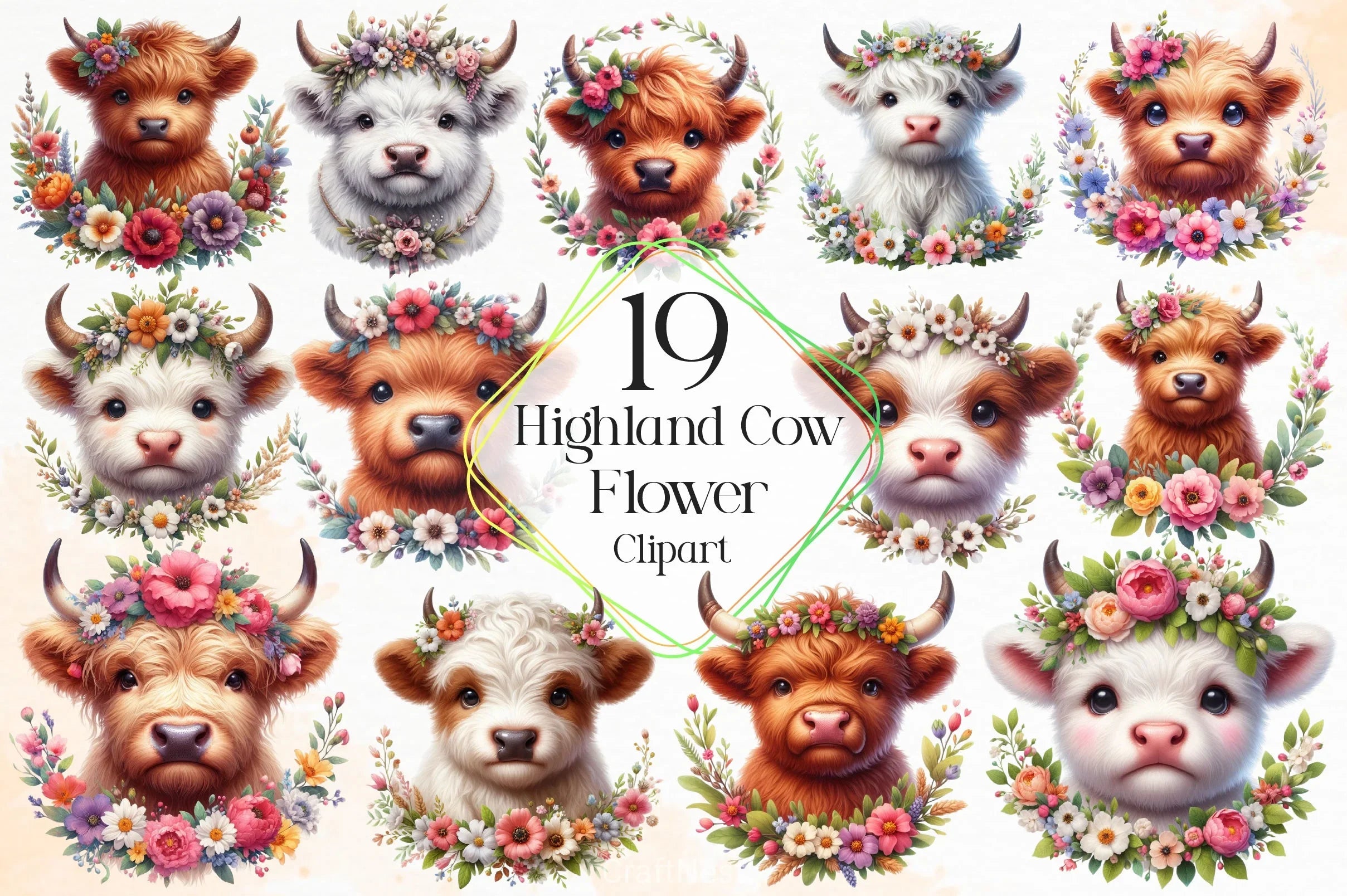 Highland Cow Flower Clipart Bundle - CraftNest - Digital Crafting and Art