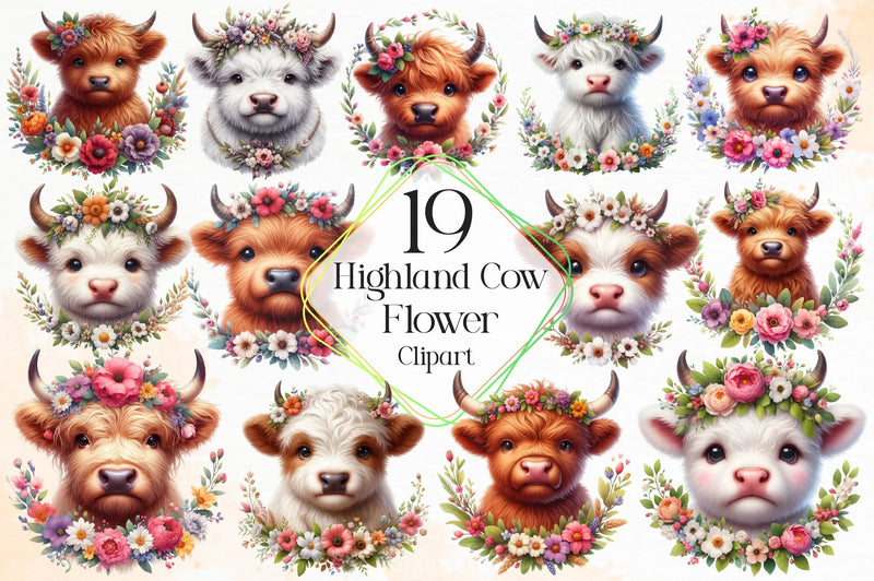 Highland Cow Flower Clipart Bundle - CraftNest - Digital Crafting and Art
