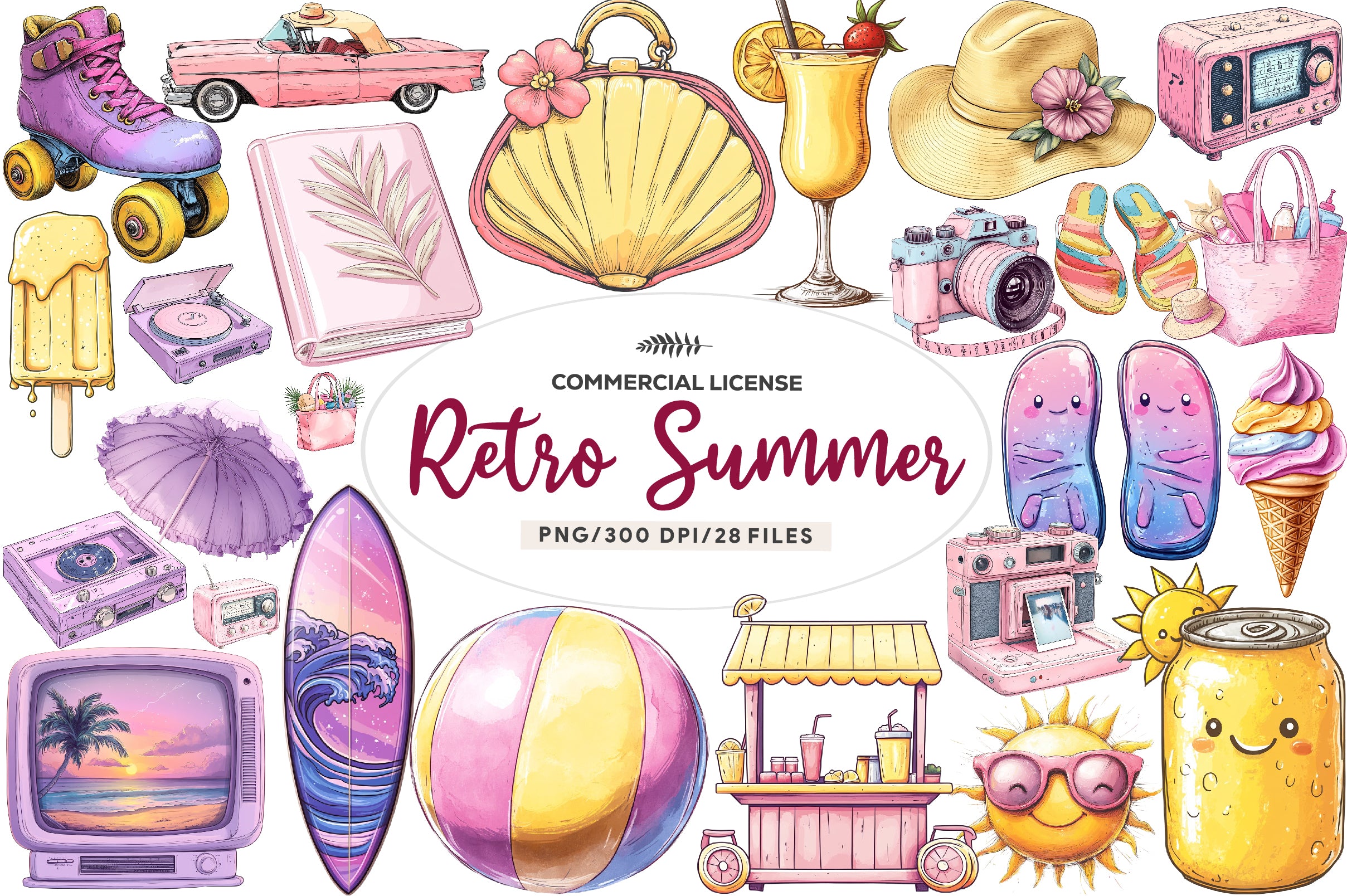 Cute Retro Summer Clipart Bundle - CraftNest - Digital Crafting and Art