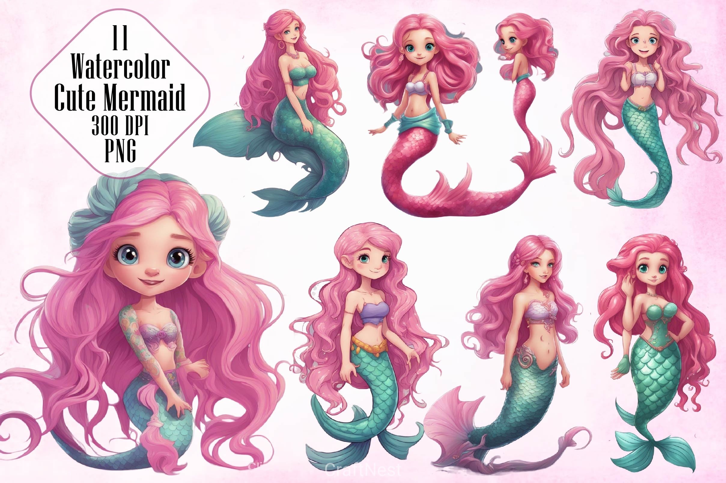 Cute Mermaid Clipart Bundle 4 - CraftNest - Digital Crafting and Art