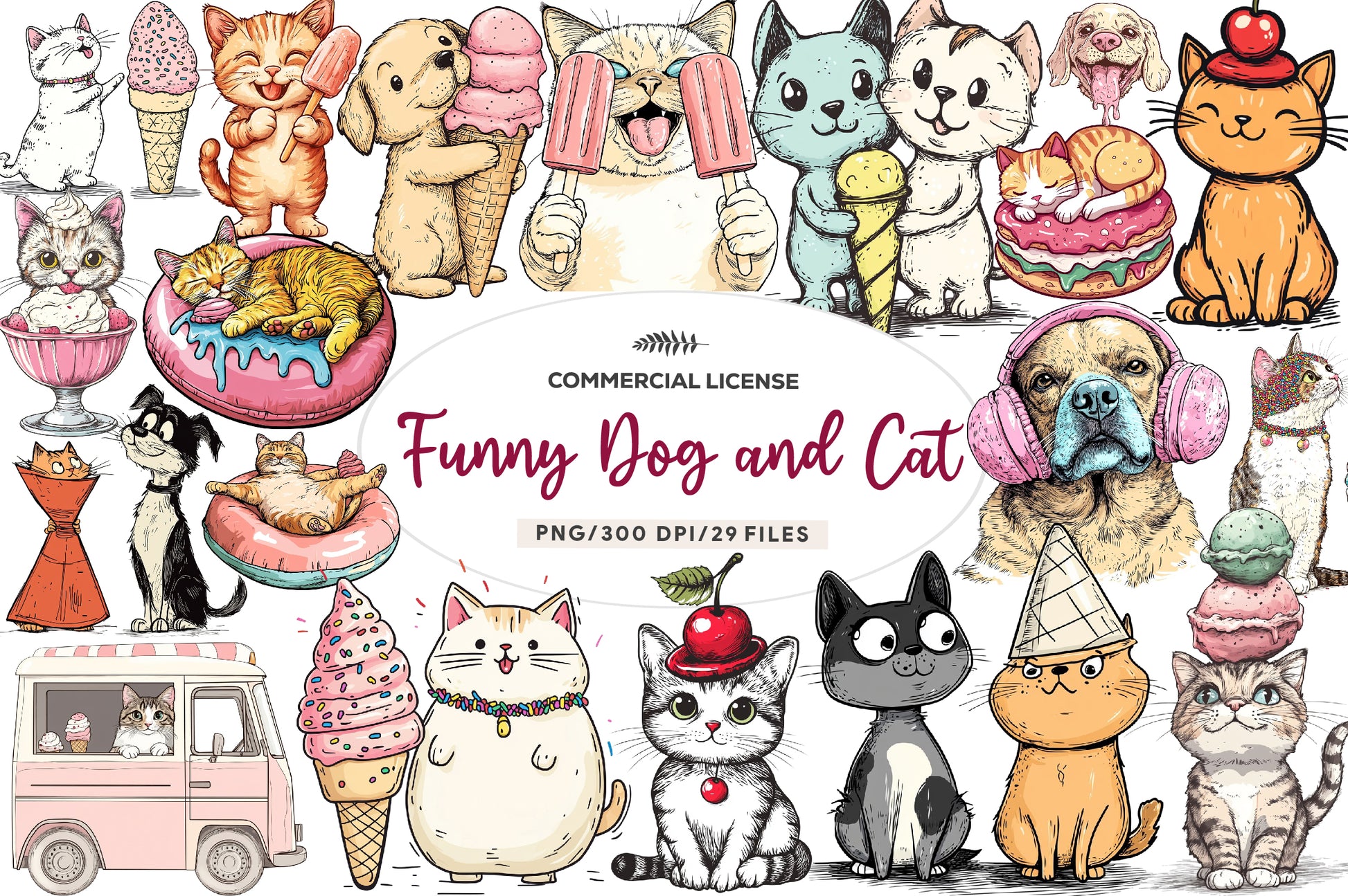 Funny Dog And Cat Love Ice Cream Clipart Bundle - CraftNest - Digital Crafting and Art