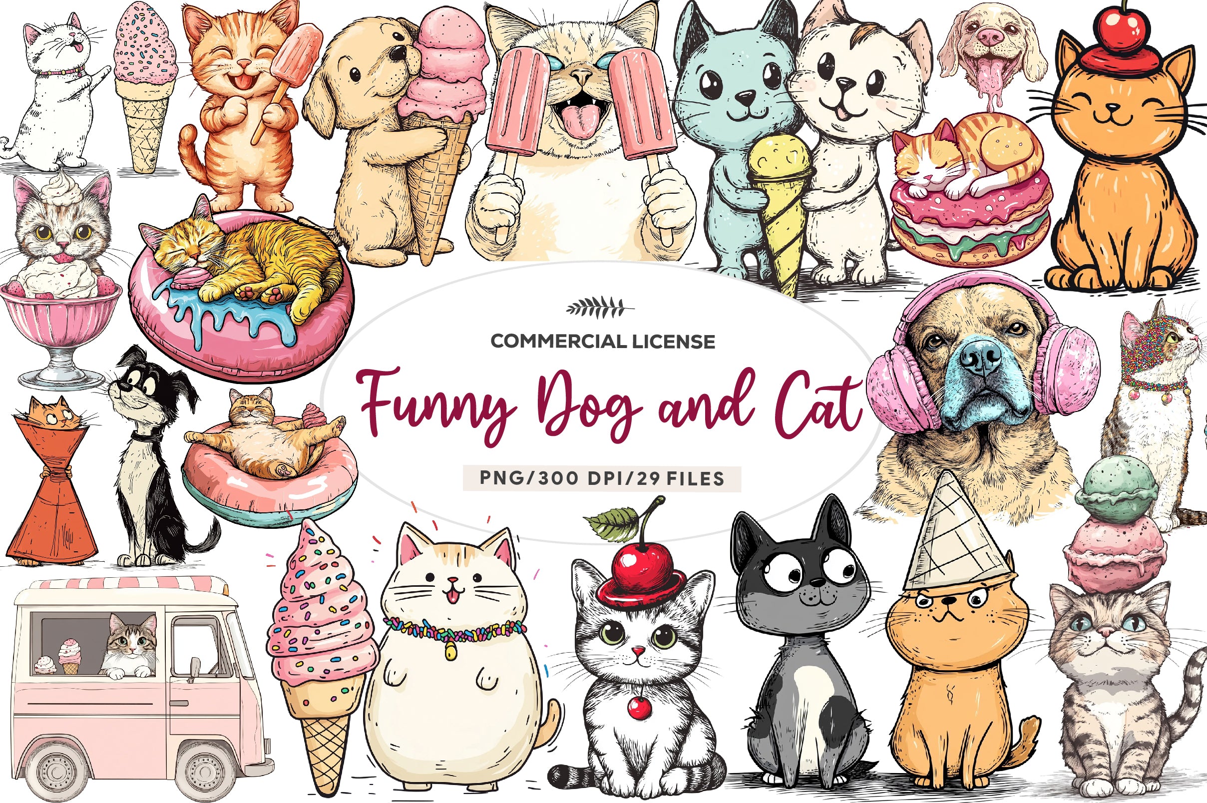 Funny Dog And Cat Love Ice Cream Clipart Bundle - CraftNest - Digital Crafting and Art