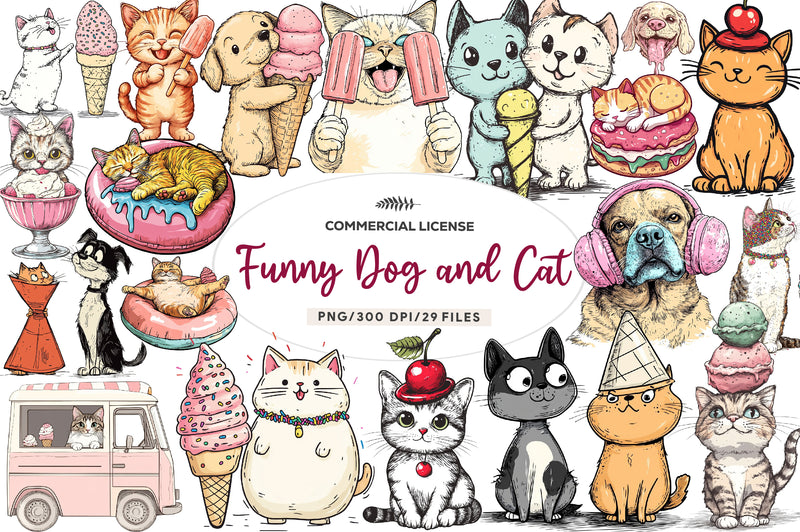 Funny Dog And Cat Love Ice Cream Clipart Bundle - CraftNest - Digital Crafting and Art