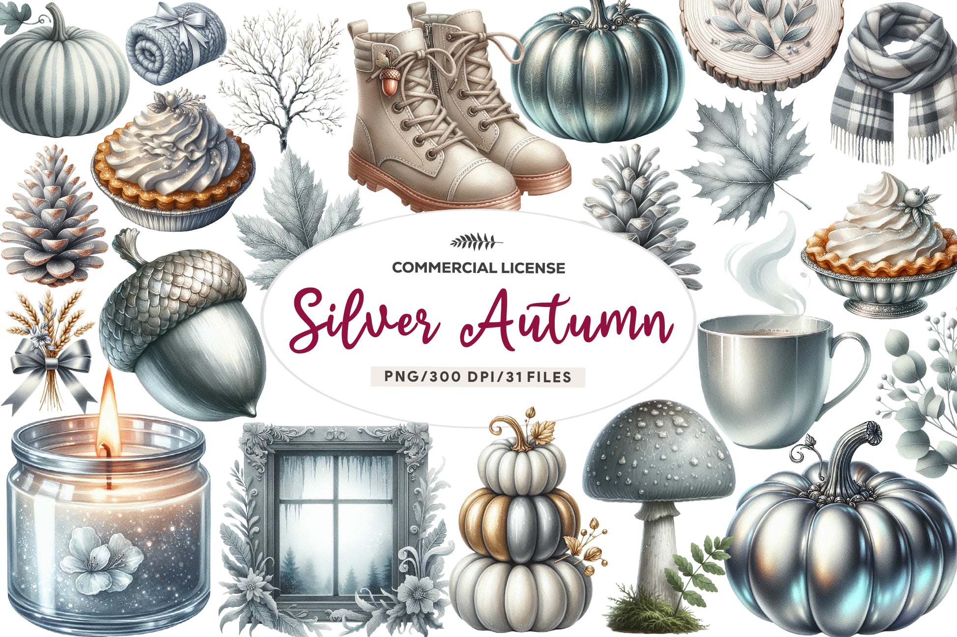 Silver Autumn Clipart Bundle - CraftNest - Digital Crafting and Art