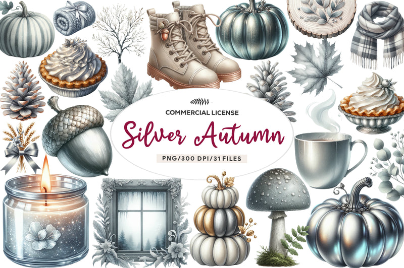 Silver Autumn Clipart Bundle - CraftNest - Digital Crafting and Art