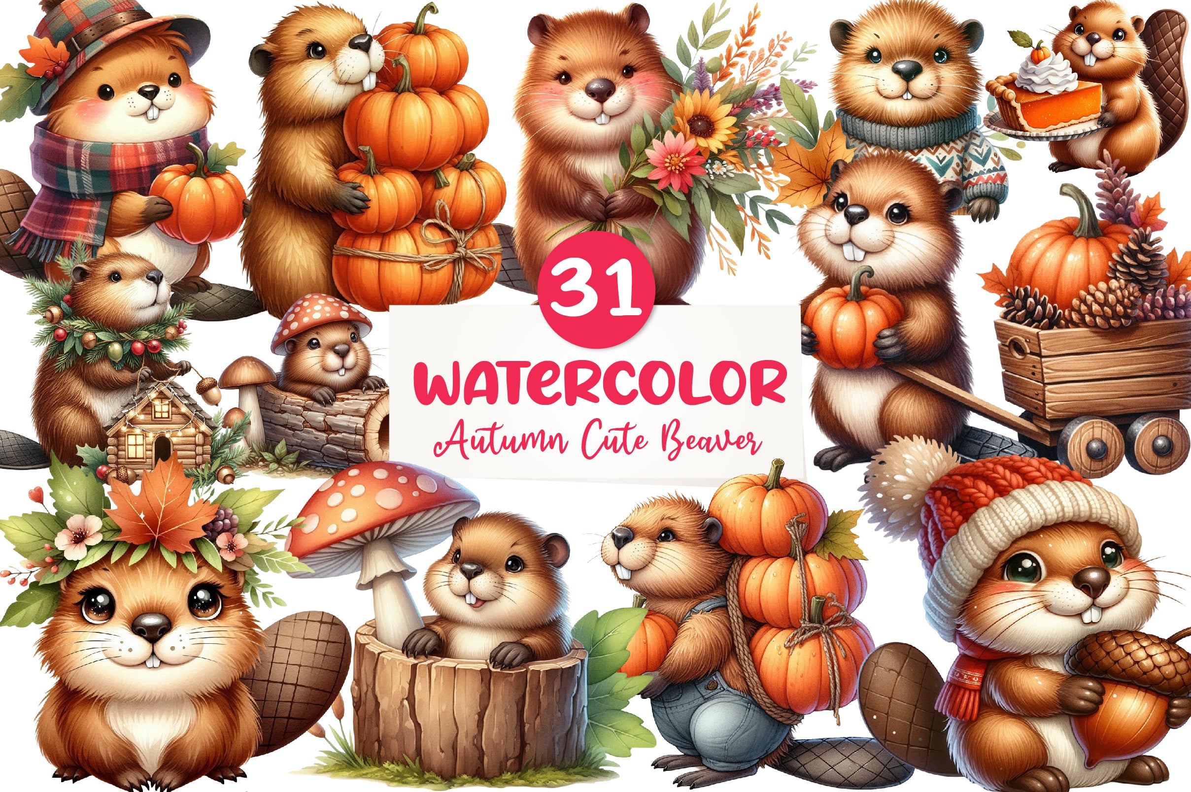 Autumn Cute Beaver Clipart Bundle - CraftNest - Digital Crafting and Art