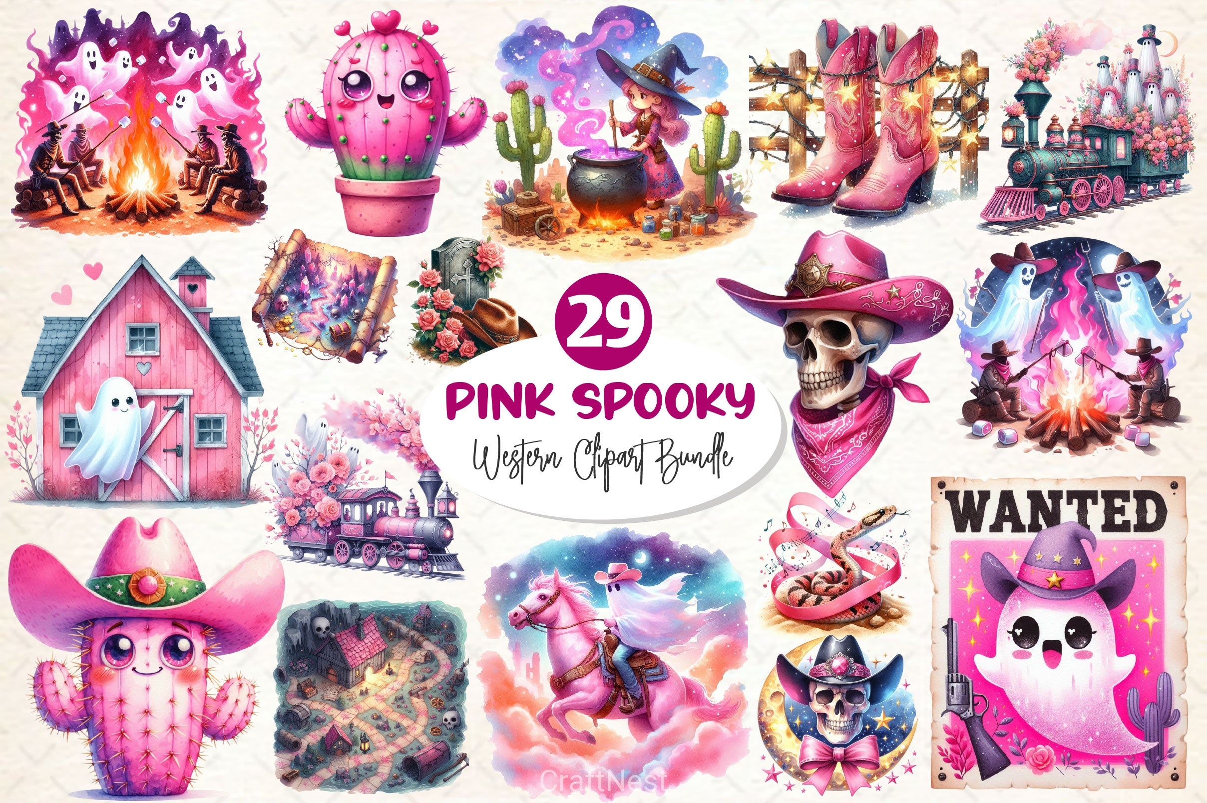 Pink Spooky Western Clipart Bundle - CraftNest - Digital Crafting and Art
