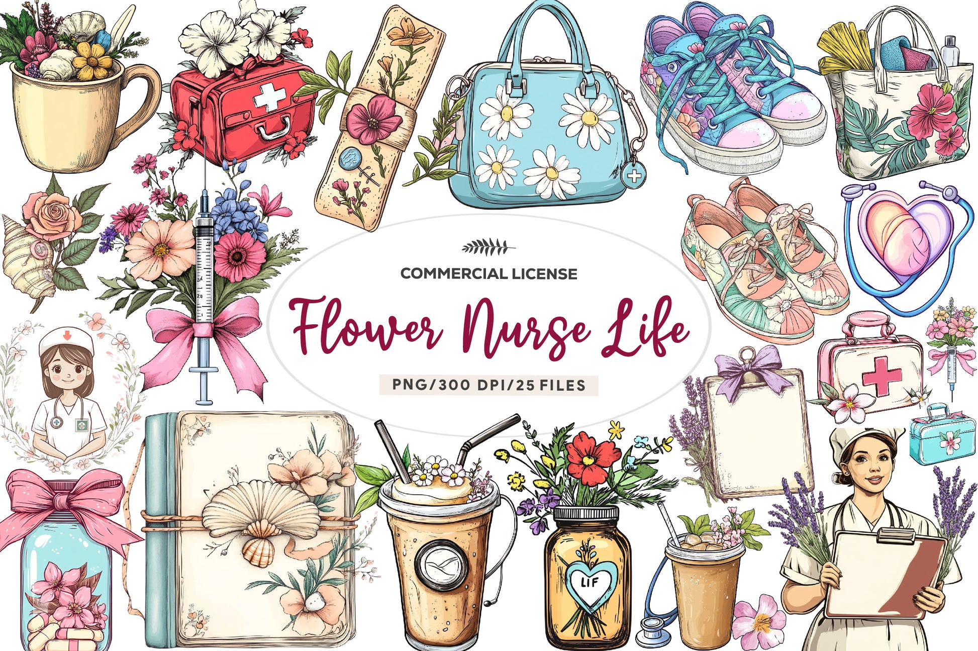 Flower Nurse Life Coquette Coastal Clipart Bundle - CraftNest - Digital Crafting and Art