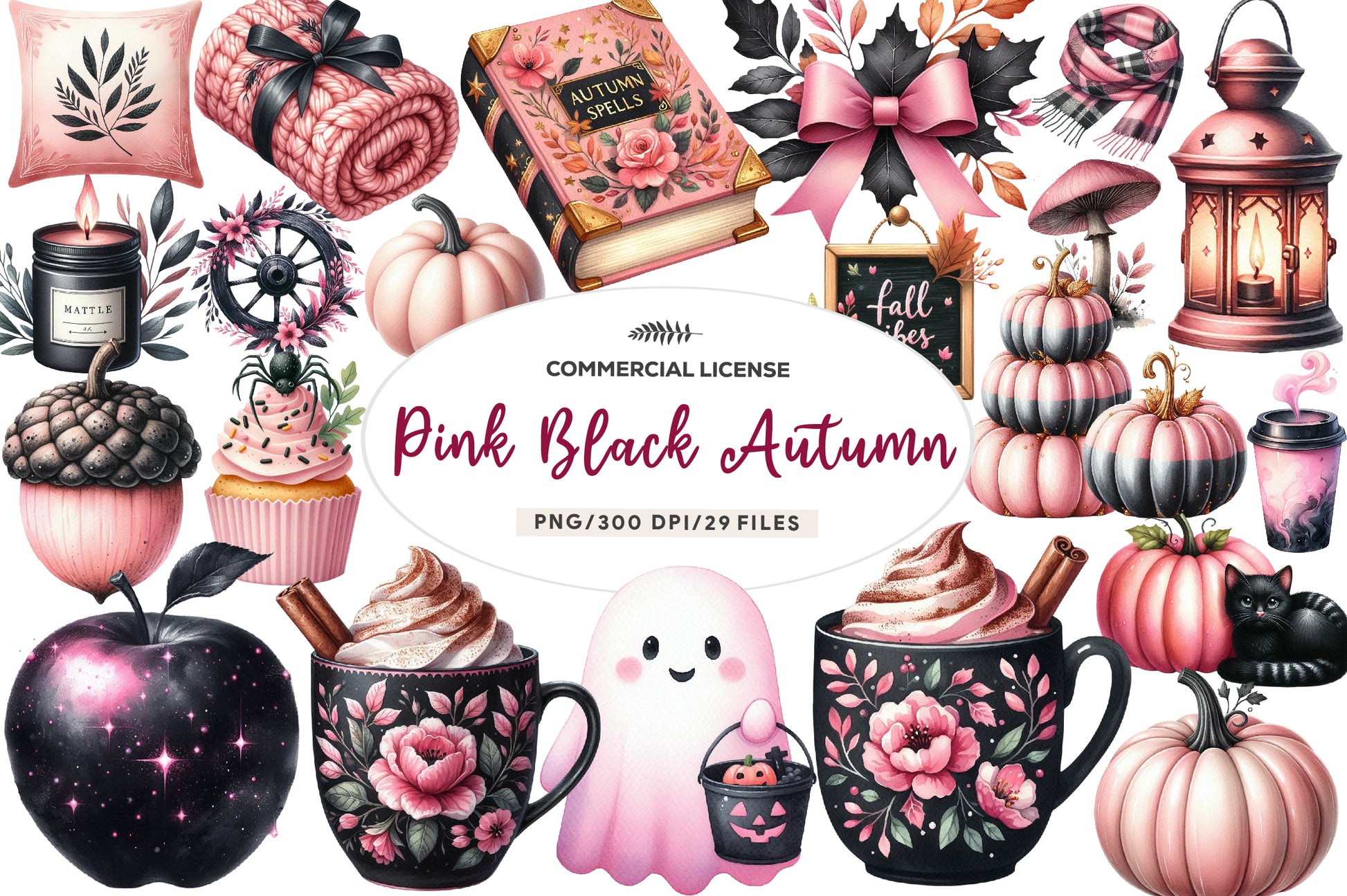 Pink And Black Autumn Clipart Bundle - CraftNest - Digital Crafting and Art