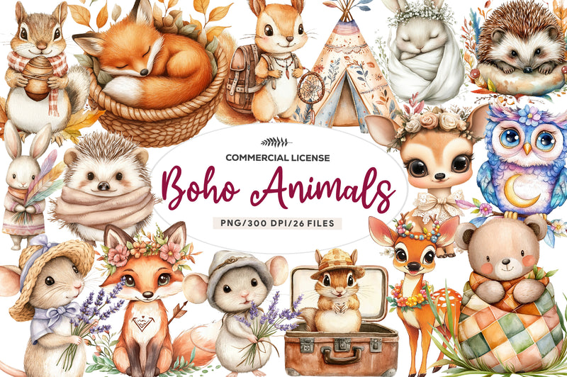Sweet Boho Woodland Creatures Animals Clipart Bundle - CraftNest - Digital Crafting and Art