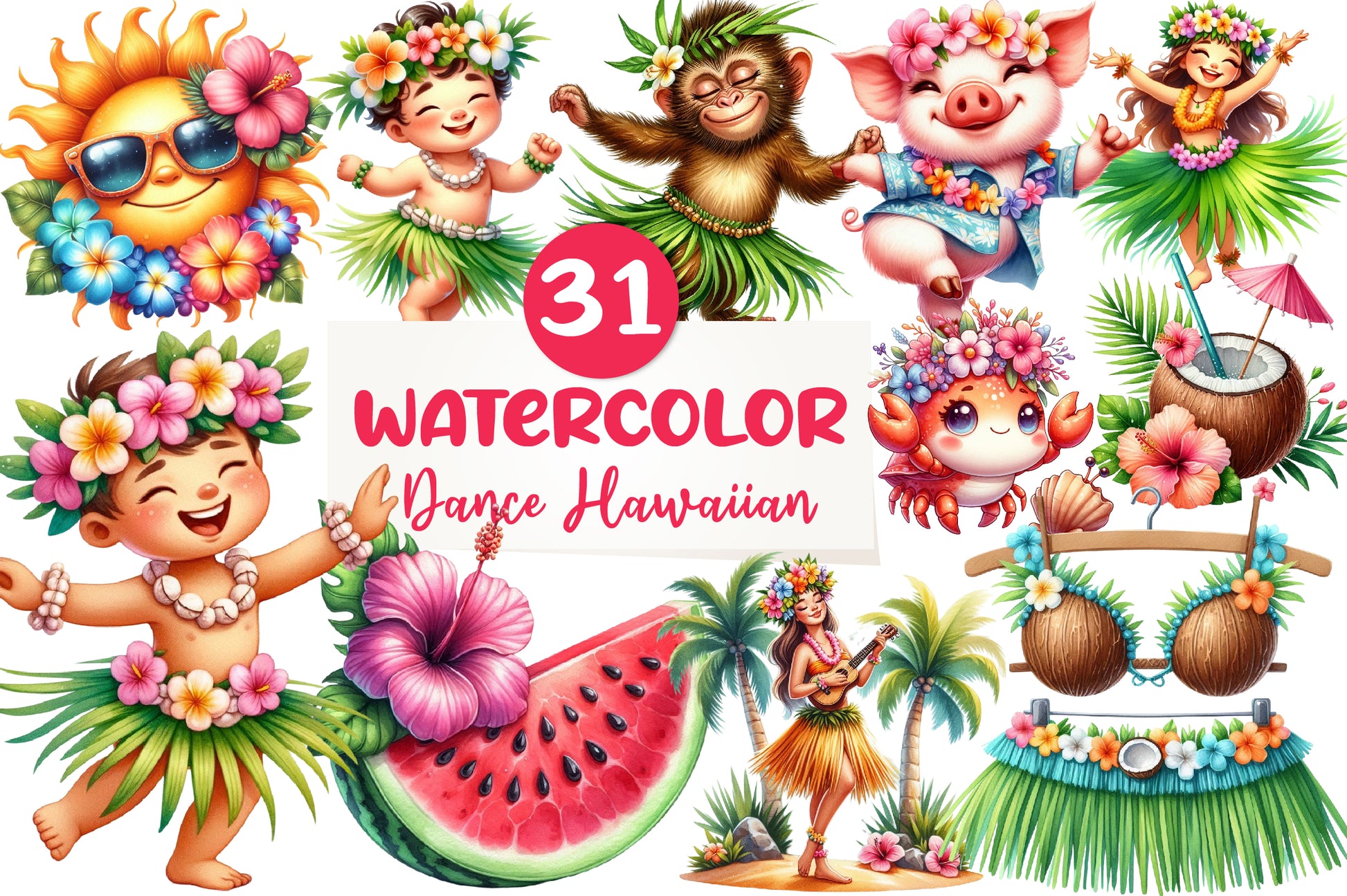 Cute Tropical Hula Dance Hawaiian Clipart Bundle - CraftNest - Digital Crafting and Art