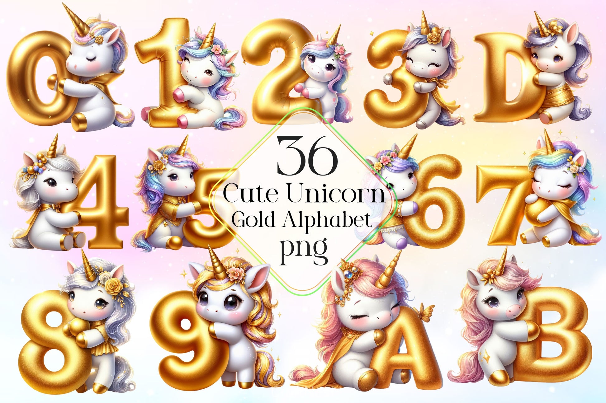 Cute Unicorn Gold Alphabet Clipart Bundle - CraftNest - Digital Crafting and Art