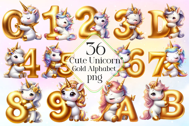 Cute Unicorn Gold Alphabet Clipart Bundle - CraftNest - Digital Crafting and Art