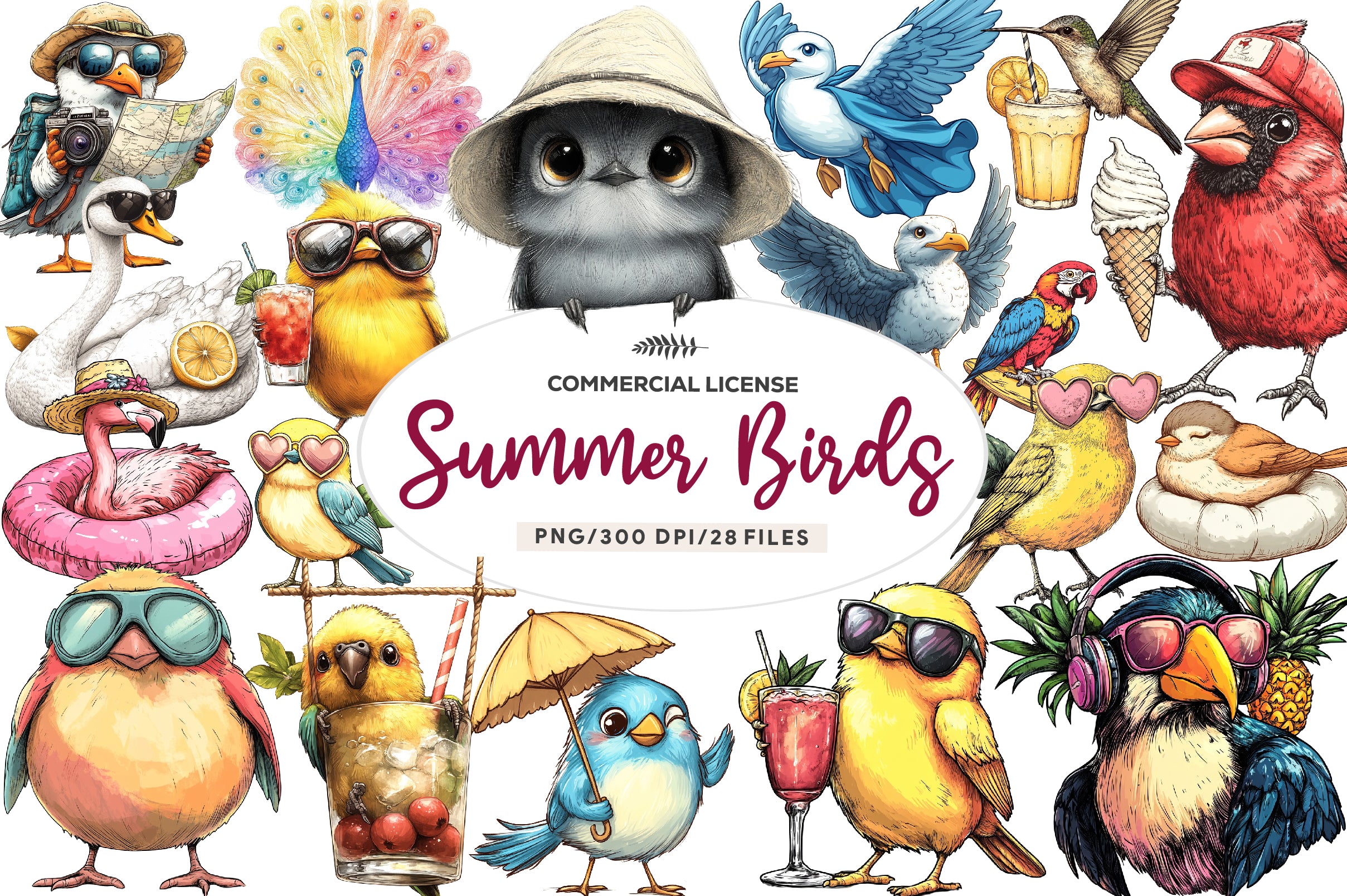 Quirky Whimsical Summer Birds Clipart Bundle - CraftNest - Digital Crafting and Art