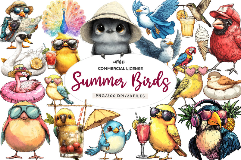 Quirky Whimsical Summer Birds Clipart Bundle - CraftNest - Digital Crafting and Art