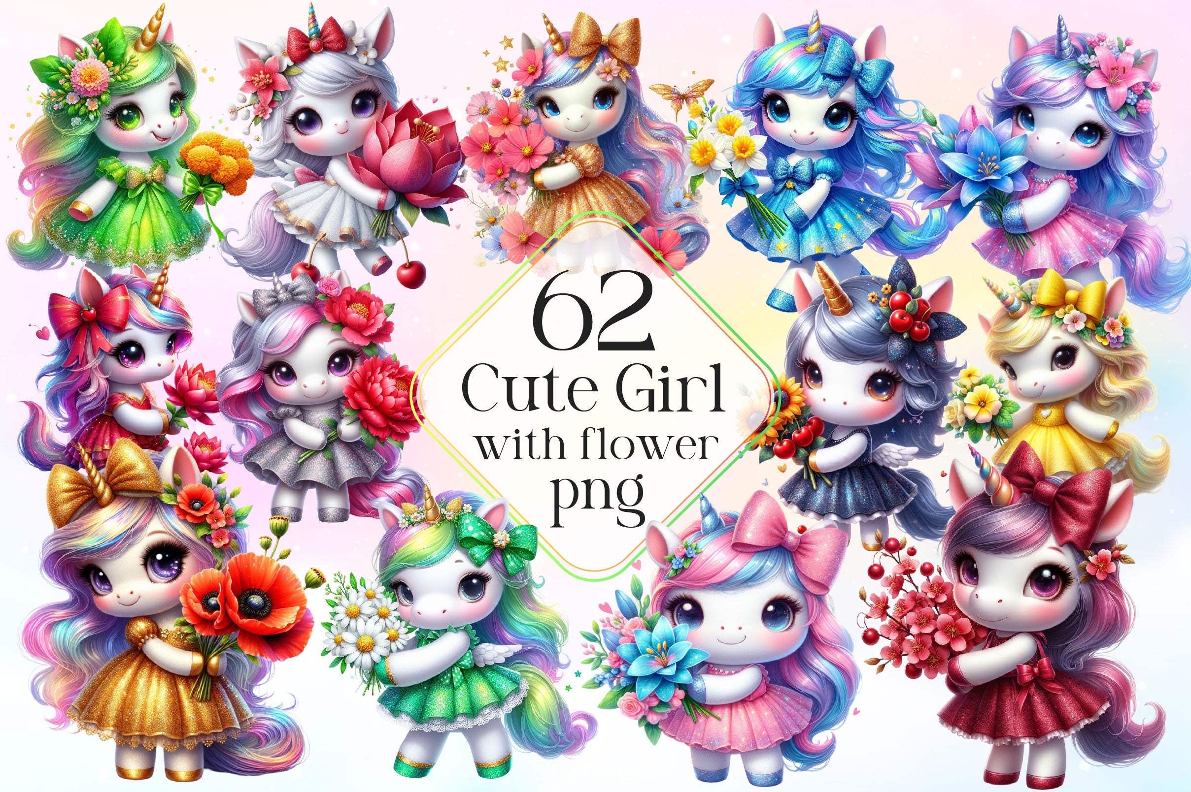 Cute Unicorn With Flower Clipart Bundle - CraftNest - Digital Crafting and Art