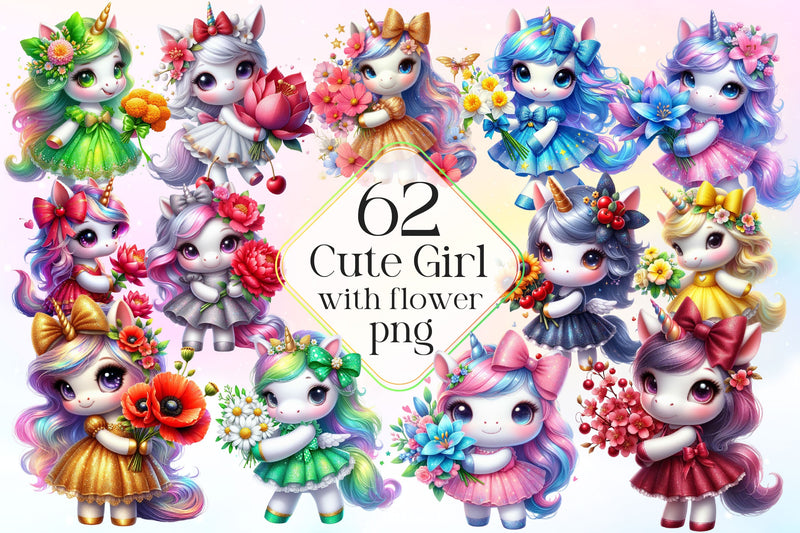 Cute Unicorn With Flower Clipart Bundle - CraftNest - Digital Crafting and Art