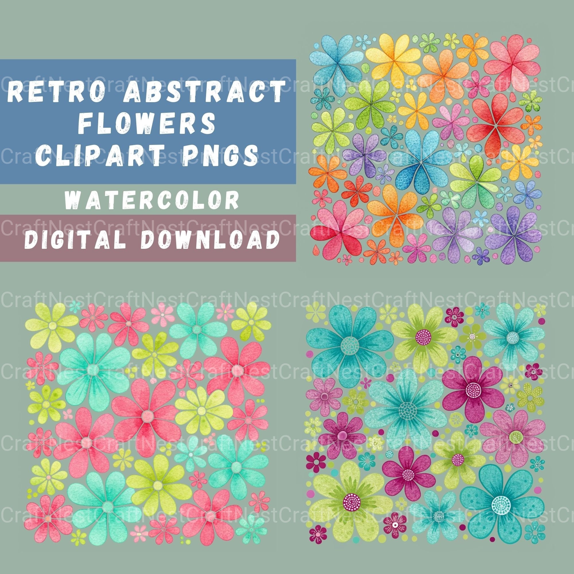 Flowers Square Retro Clipart Bundle - CraftNest - Digital Crafting and Art
