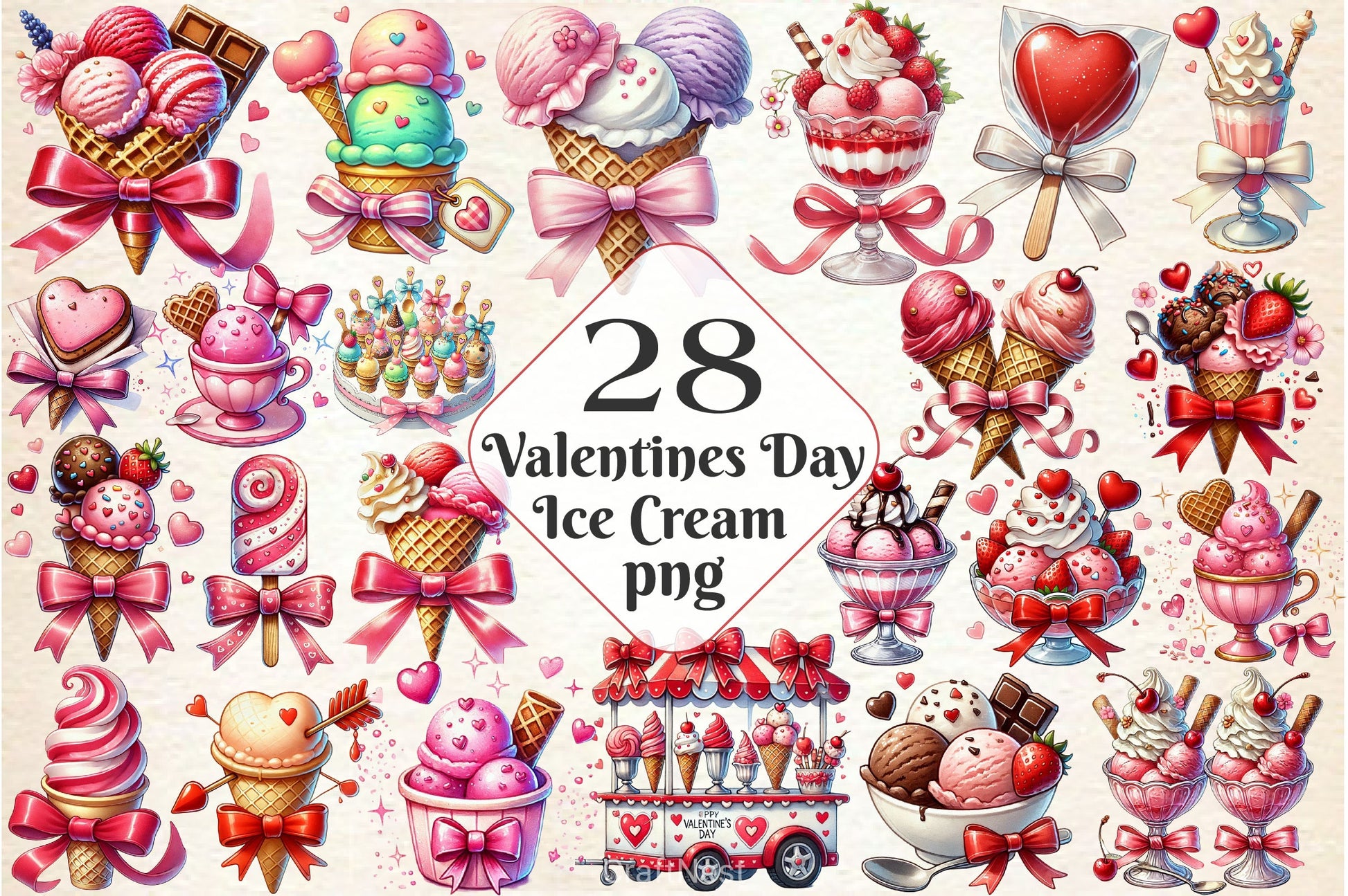 Valentines Ice Cream With Bows Clipart Bundle 2 - CraftNest - Digital Crafting and Art