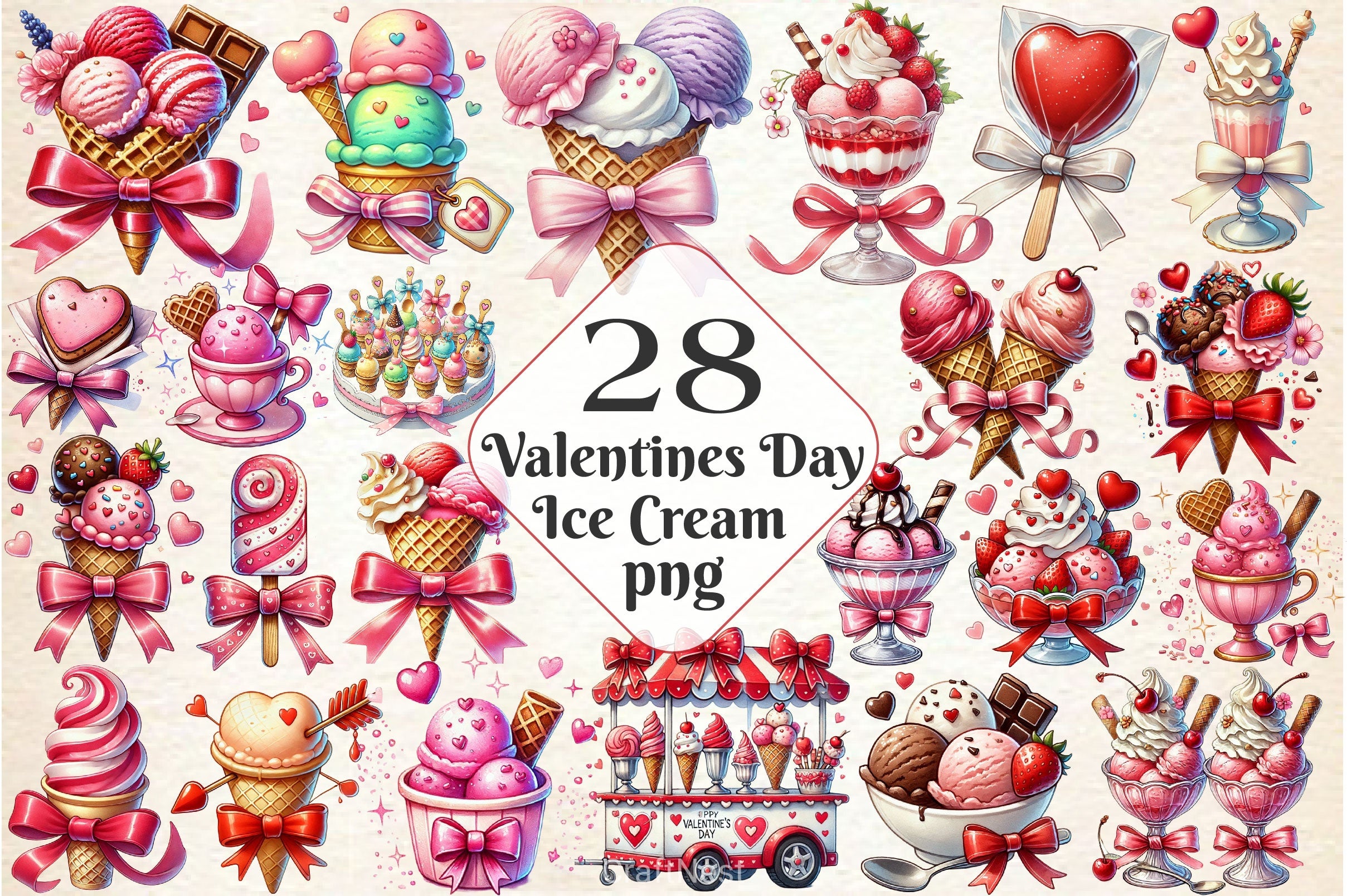 Valentines Ice Cream With Bows Clipart Bundle 2 - CraftNest - Digital Crafting and Art