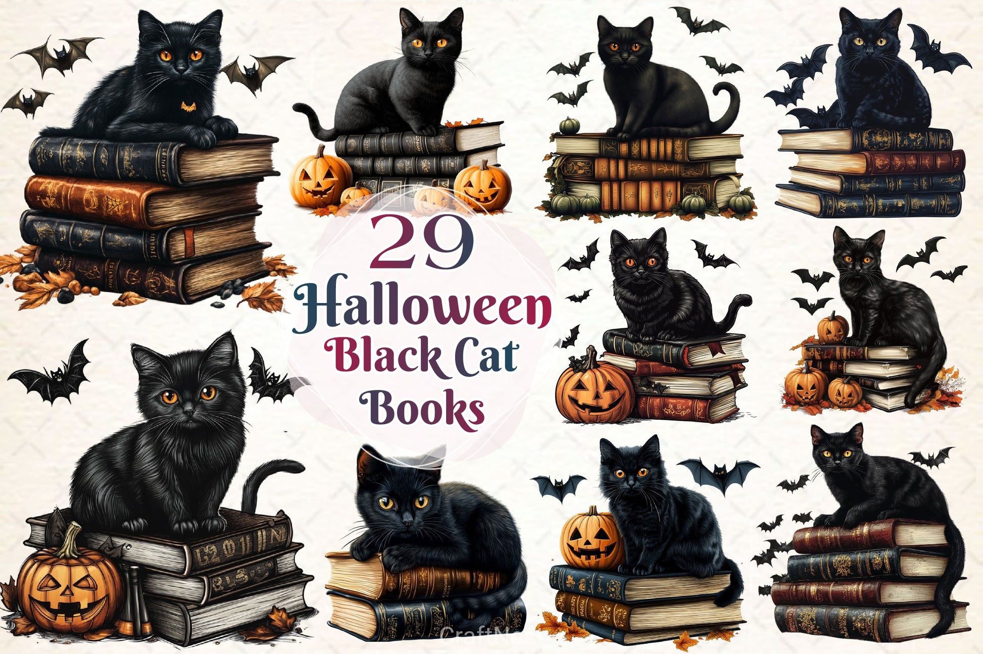 Halloween Black Cat On Books Clipart Bundle 2 - CraftNest - Digital Crafting and Art