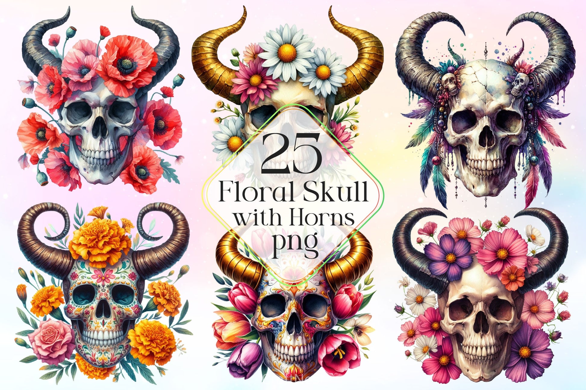 Floral Skull With Horns Clipart Bundle - CraftNest - Digital Crafting and Art