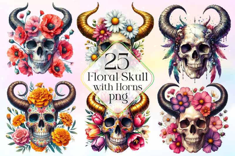 Floral Skull With Horns Clipart Bundle - CraftNest - Digital Crafting and Art