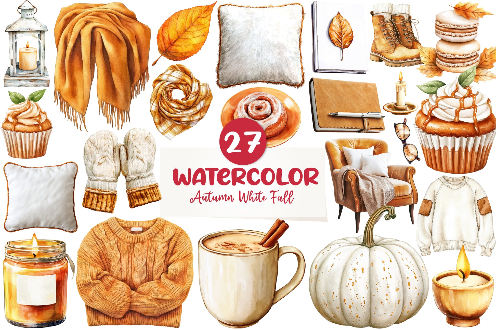 Cozy Caramel & White Fall Clipart Bundle - CraftNest - Digital Crafting and Art