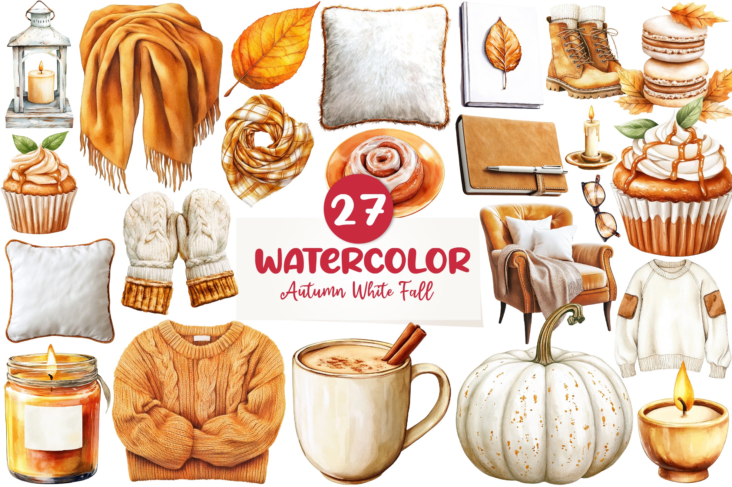 Cozy Caramel & White Fall Clipart Bundle - CraftNest - Digital Crafting and Art