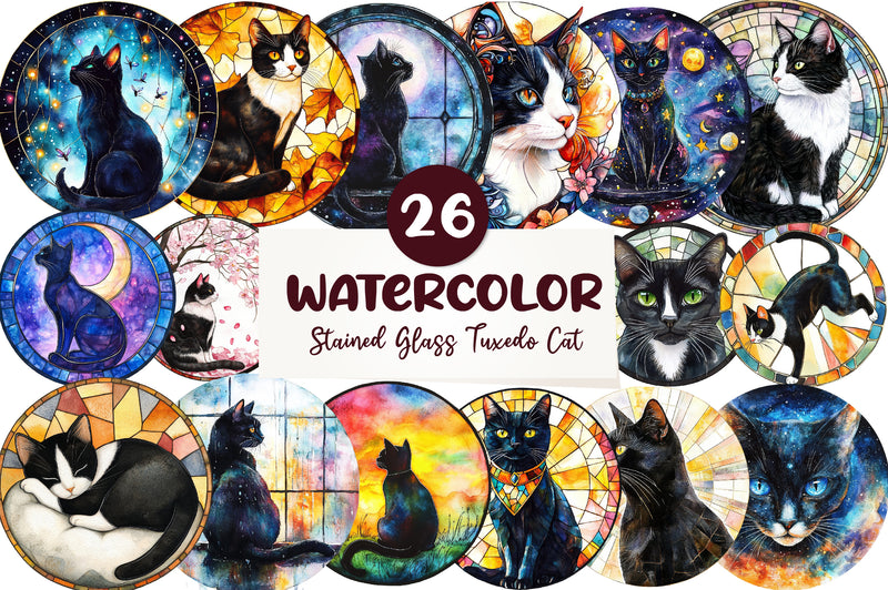 Round Stained Glass Tuxedo Cat Clipart Bundle - CraftNest - Digital Crafting and Art