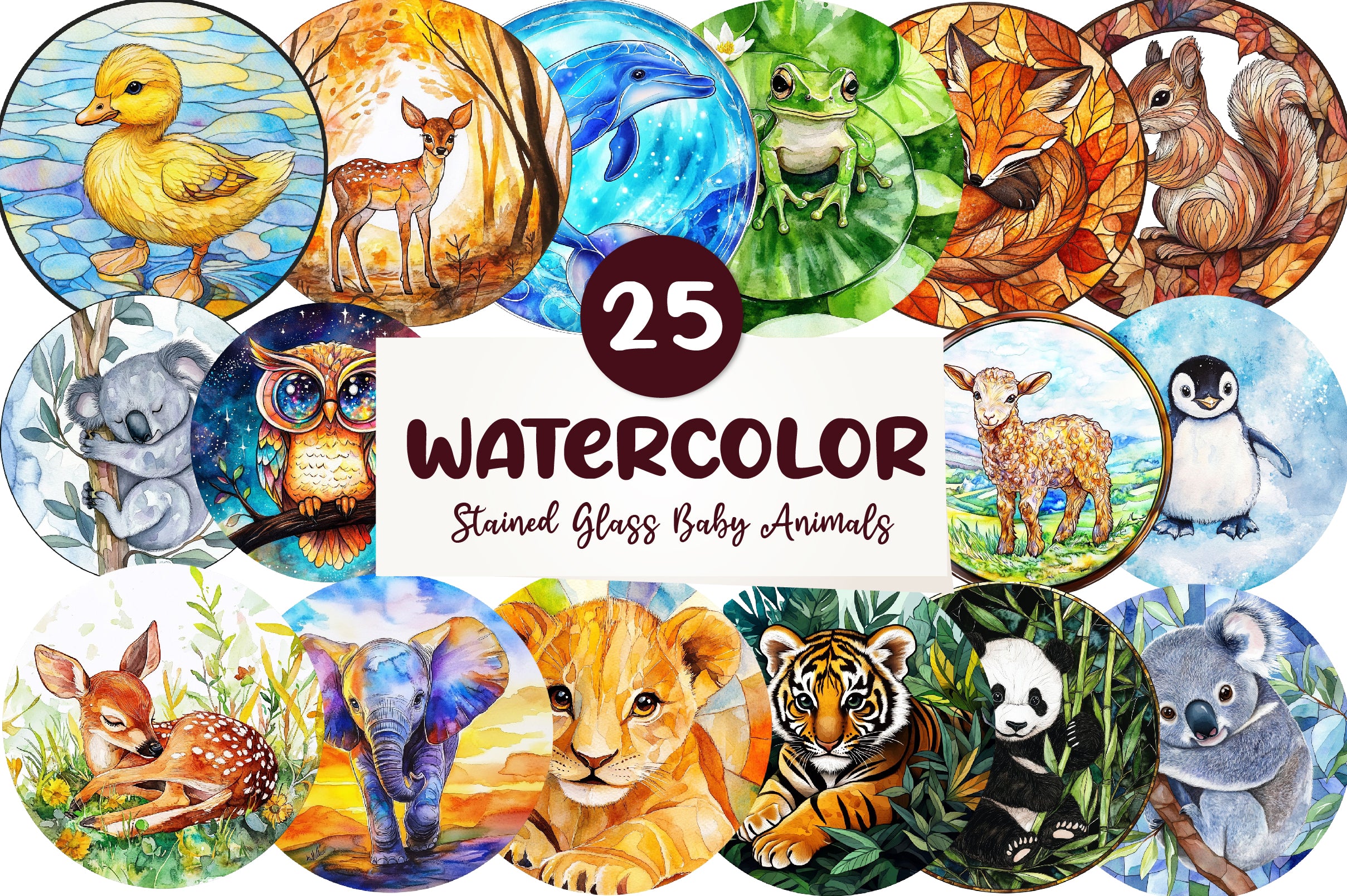 Round Stained Glass Of Baby Animals Clipart Bundle - CraftNest - Digital Crafting and Art
