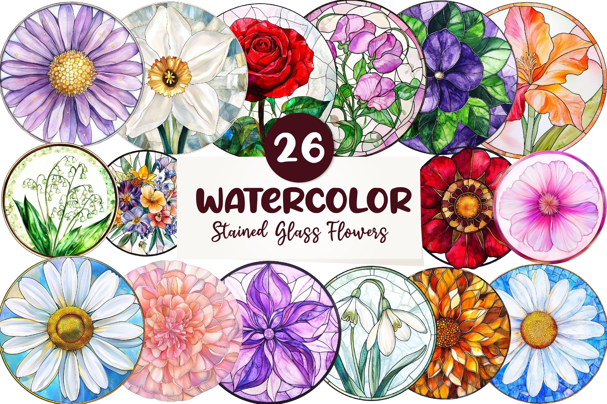 Round Stained Glass Of Birth Month Flowers Clipart Bundle - CraftNest - Digital Crafting and Art