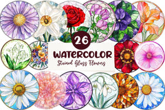 Round Stained Glass Of Birth Month Flowers Clipart Bundle - CraftNest - Digital Crafting and Art