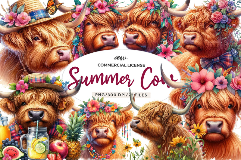 Highland Cow Summer Clipart Bundle - CraftNest - Digital Crafting and Art