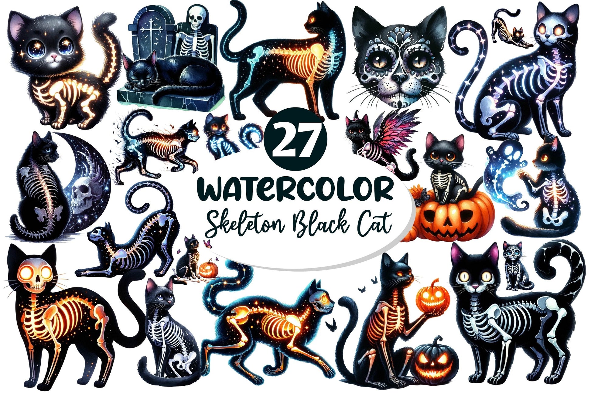 Skeleton Black Cat Clipart Bundle - CraftNest - Digital Crafting and Art