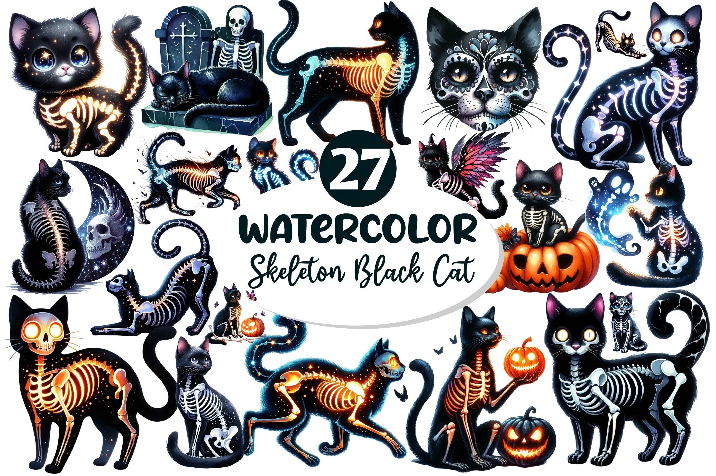Skeleton Black Cat Clipart Bundle - CraftNest - Digital Crafting and Art